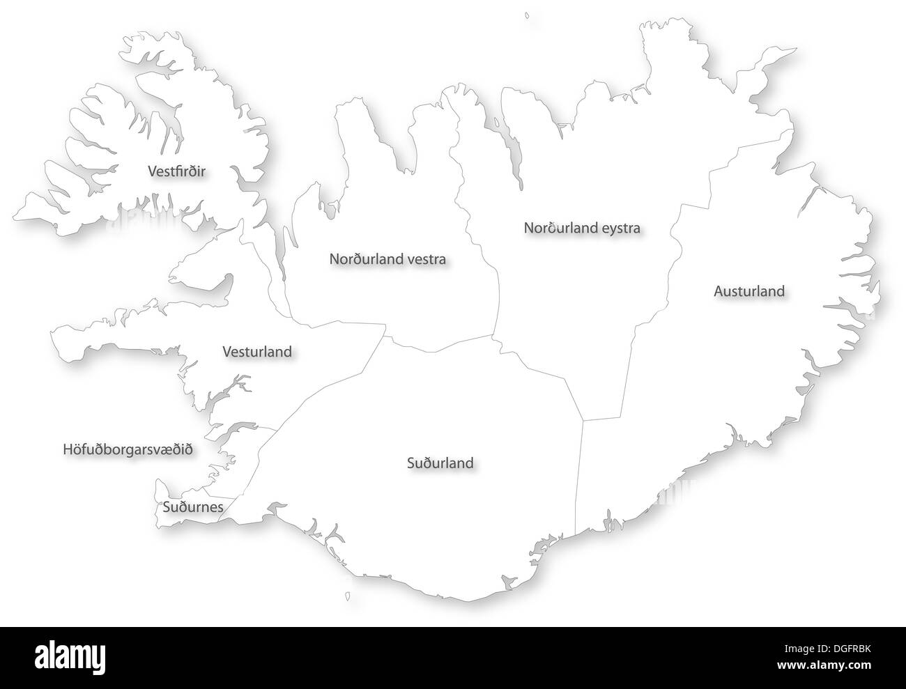 Map of Iceland with regions on white. Stock Photo