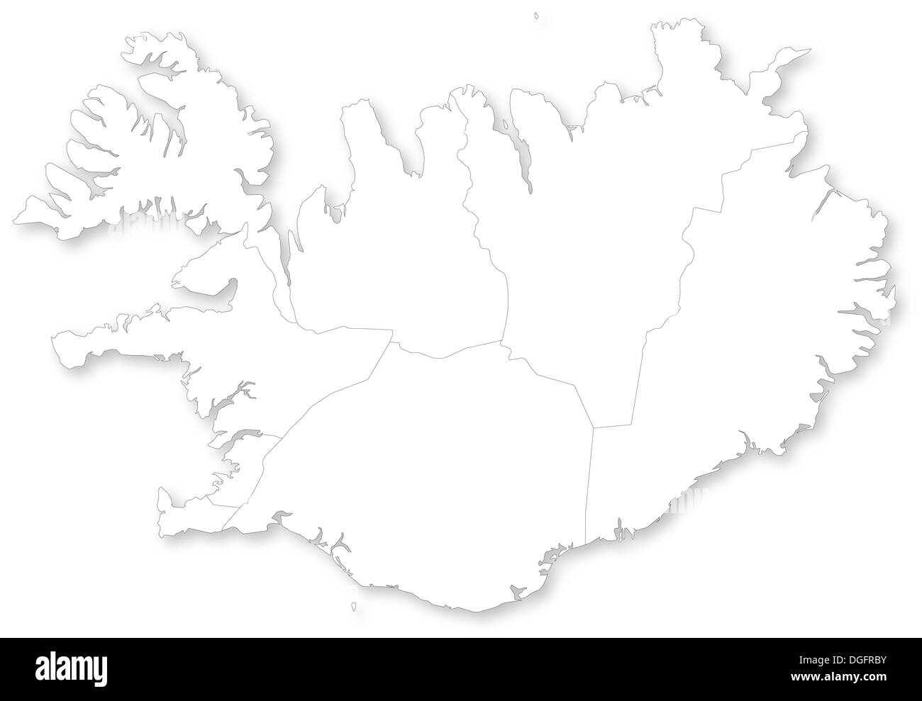 Map of Iceland with regions with shadow. Projected in WGS 84 World Mercator (EPSG:3395) coordinate system. Stock Photo