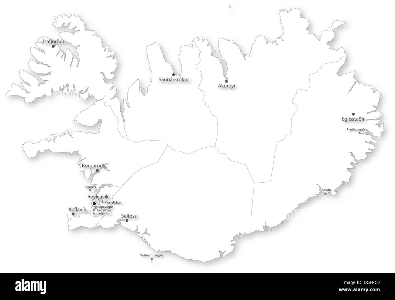 Map of Iceland with regions and main cities on white. Stock Photo