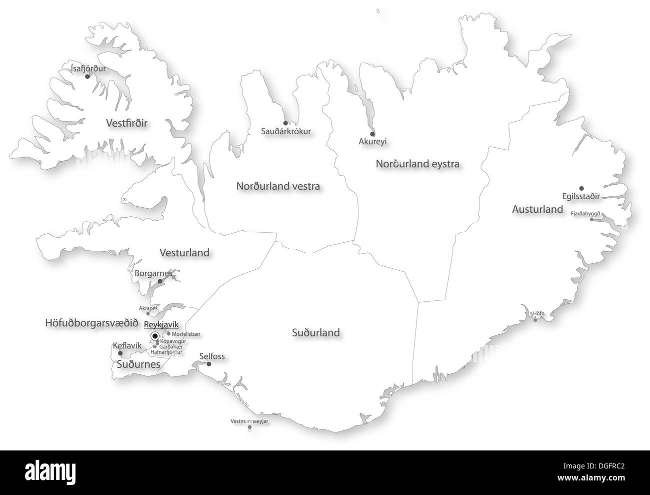 Map of Iceland with regions and cities on white. Projected in WGS 84 World Mercator (EPSG:3395) coordinate system. Stock Photo