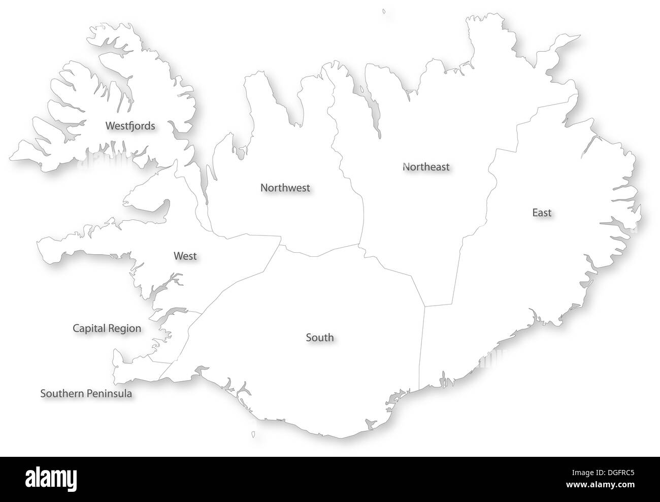 Map of Iceland with regions on white. Projected in WGS 84 World Mercator (EPSG:3395) coordinate system. Stock Photo
