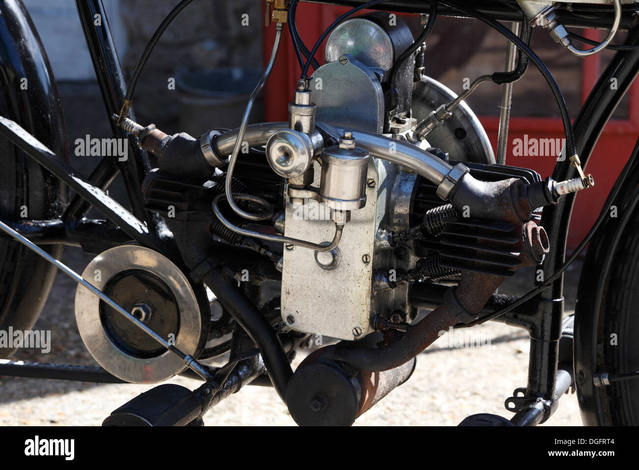 Close up of twin cylinder engine on Douglas motorcycle Isle of Wight, Hampshire, England Stock Photo