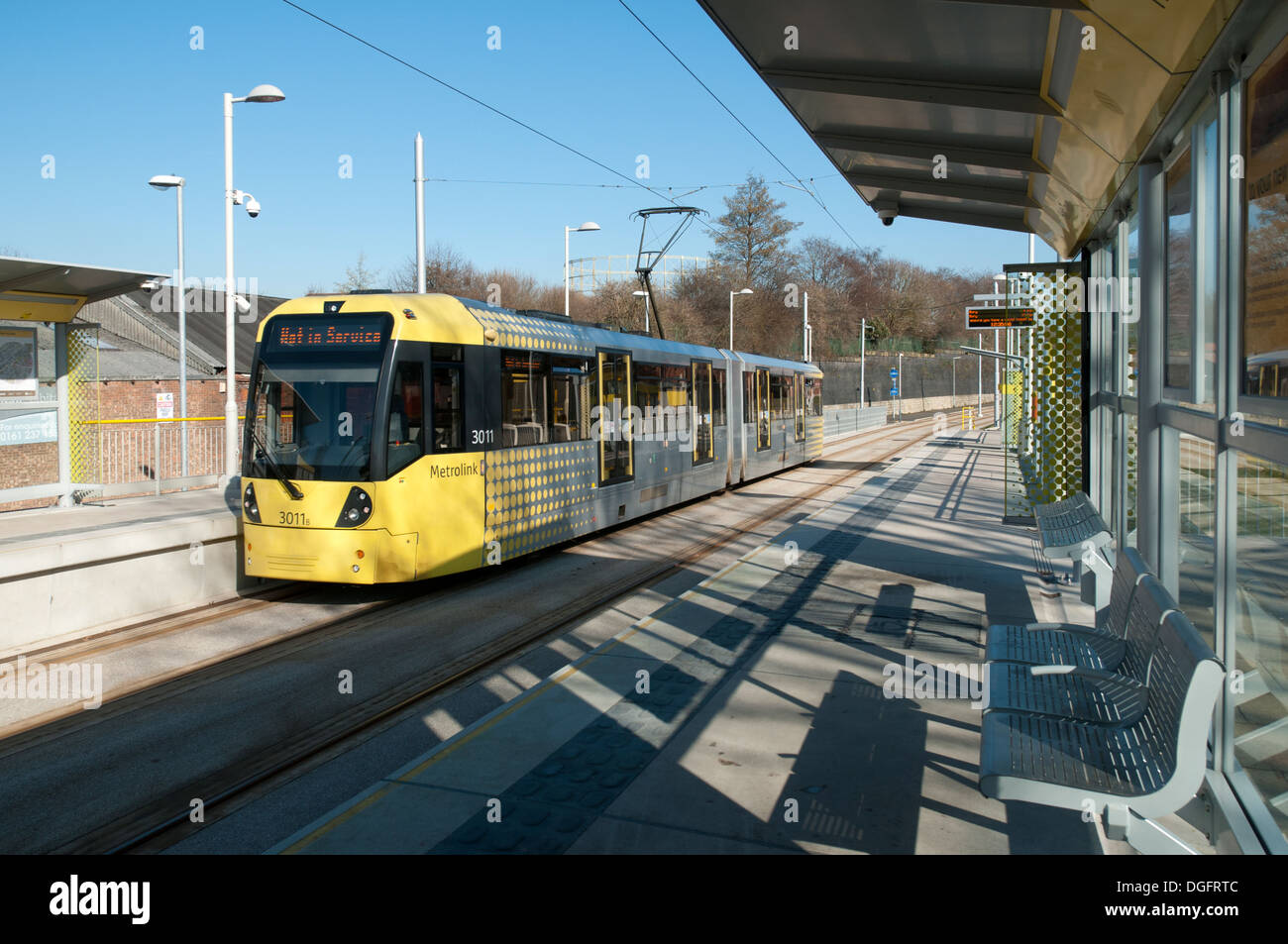 Metrolink tram at the Holt Town stop, on the East Manchester Line, Ancoats, Manchester, England, UK Stock Photo