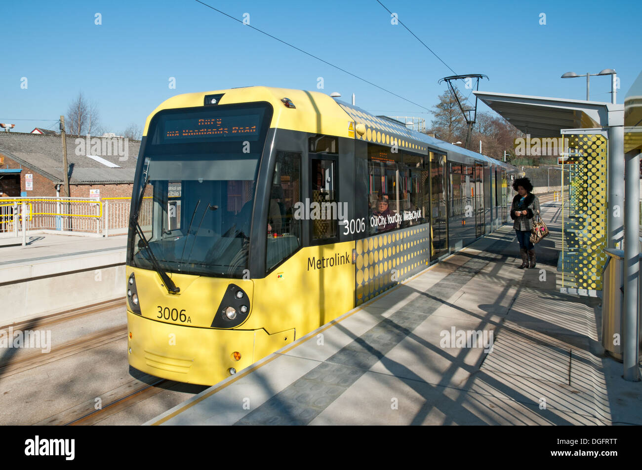 Metrolink tram at the Holt Town stop, on the East Manchester Line, Ancoats, Manchester, England, UK Stock Photo