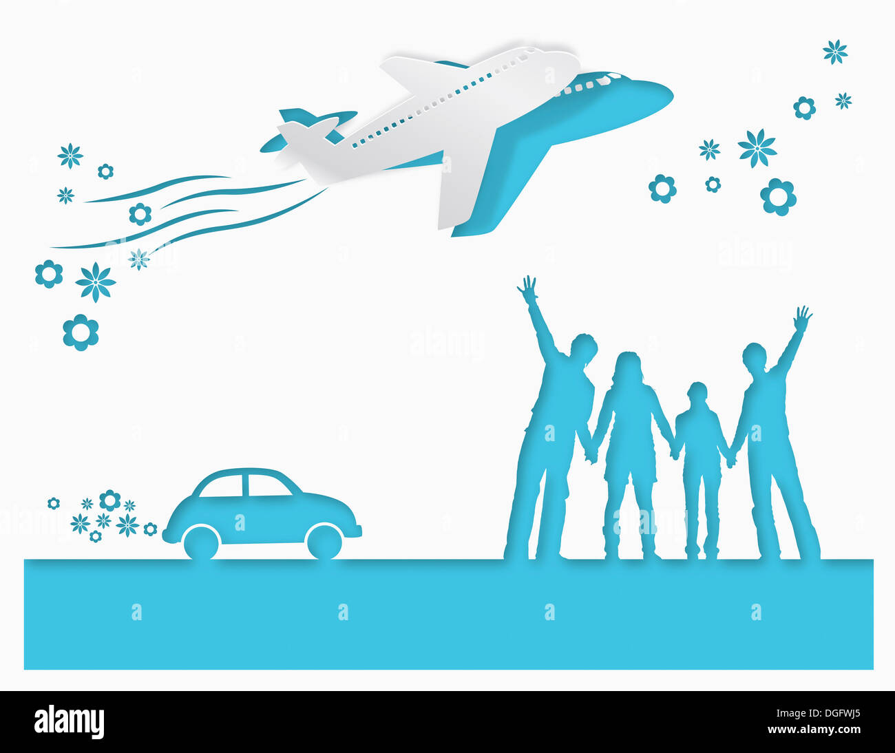 illustration of a people waving at airplane in white and blue Stock Photo