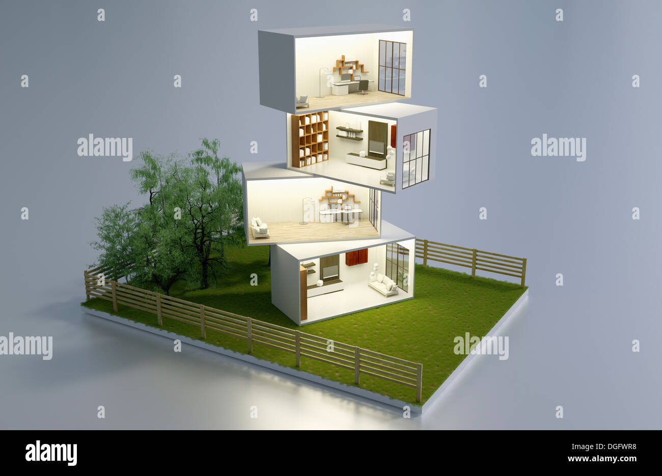 a four layer house on a yard with a view inside Stock Photo