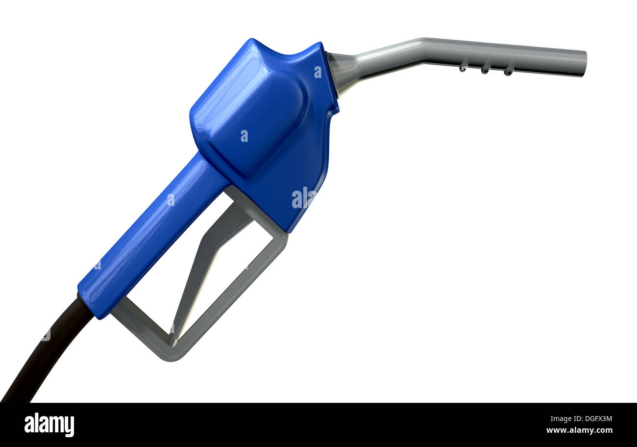 A regular blue plastic and metal fuel pump handle and nozzle on an ...