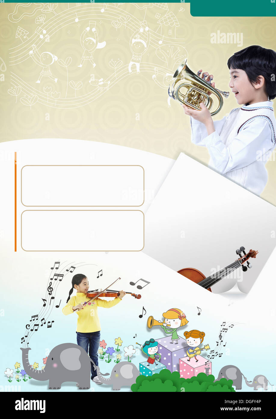 education booklet template featuring kids with musical instruments