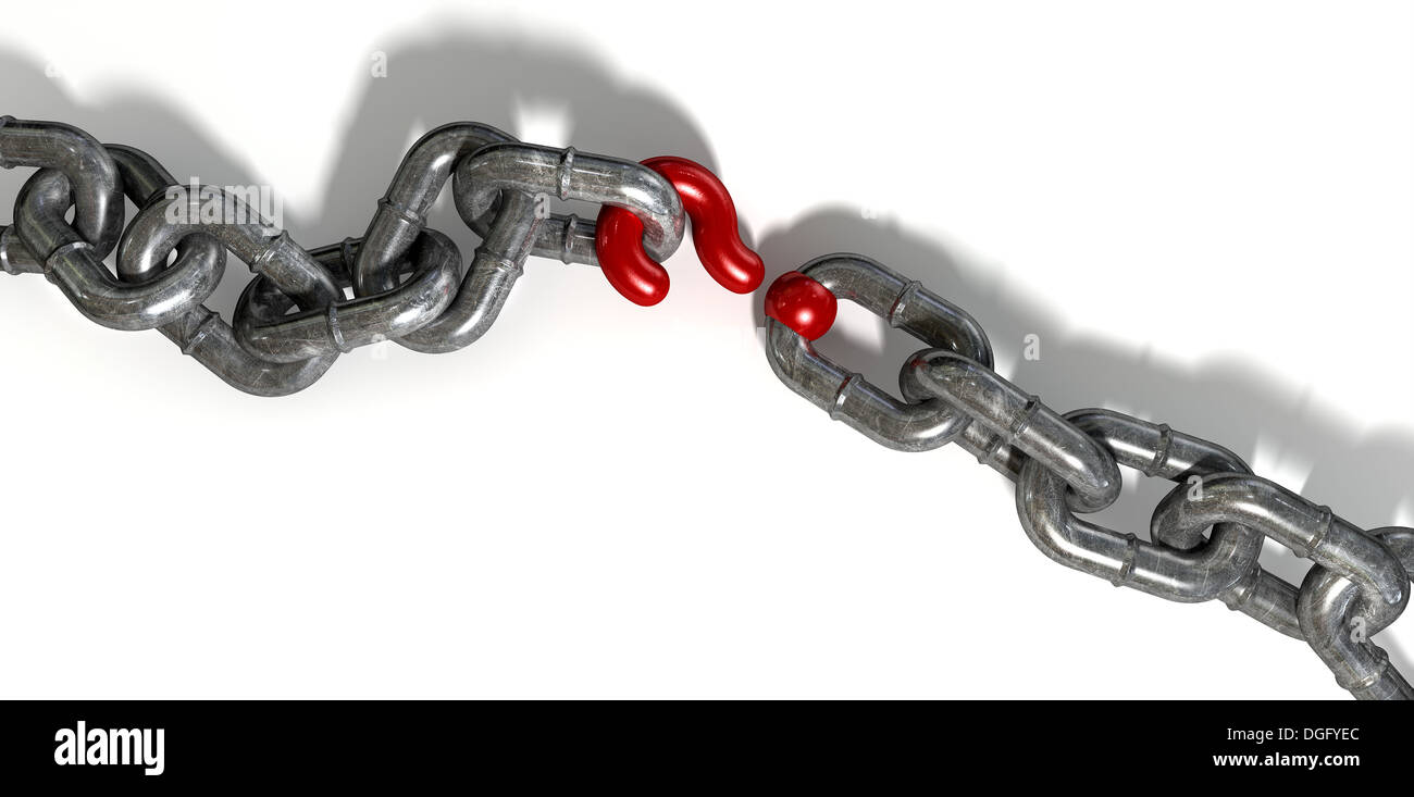 A worn metal chain with a red question mark as one of its links on an ...