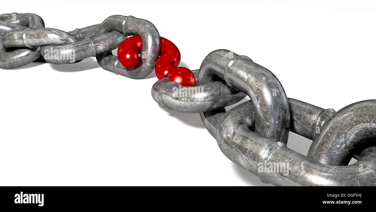 A worn metal chain with a red question mark as one of its links on an