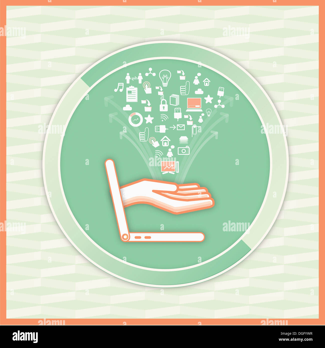 illustration of a hand and a laptop with several icons Stock Photo - Alamy