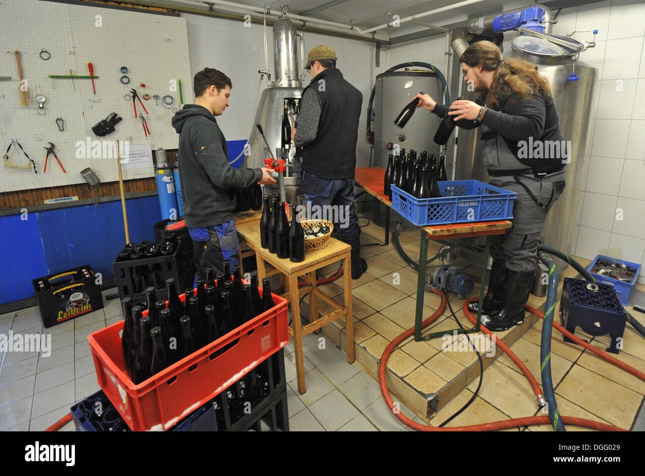 Munich, Germany. 14th Feb, 2013. Employees bottle beer at the private brewery 'Giesinger Braeu' in Munich, Germany, 14 February 2013. Photo: Andreas Gebert/dpa/Alamy Live News Stock Photo