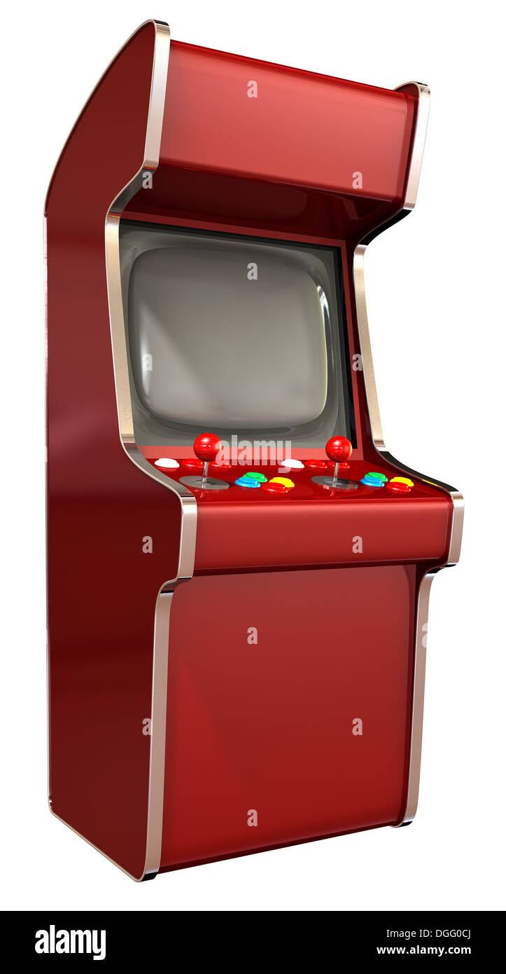 A Vintage Red Unbranded Arcade Game With A Joystick And Four