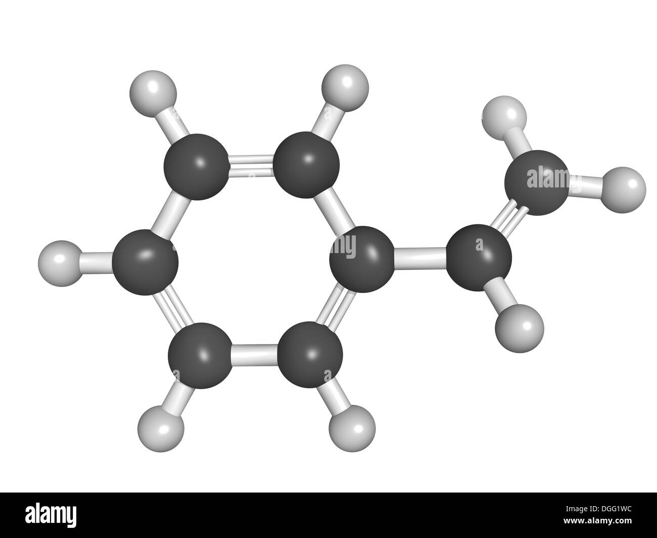 Chemical structure of styrene (vinyl benzene), polystyrene (PS) plastic