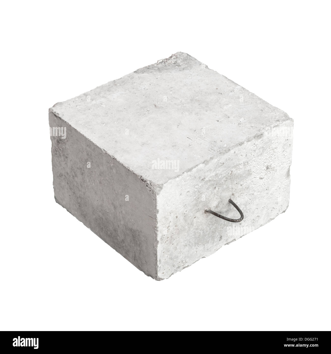 Big concrete construction block with metal lug isolated on white background Stock Photo