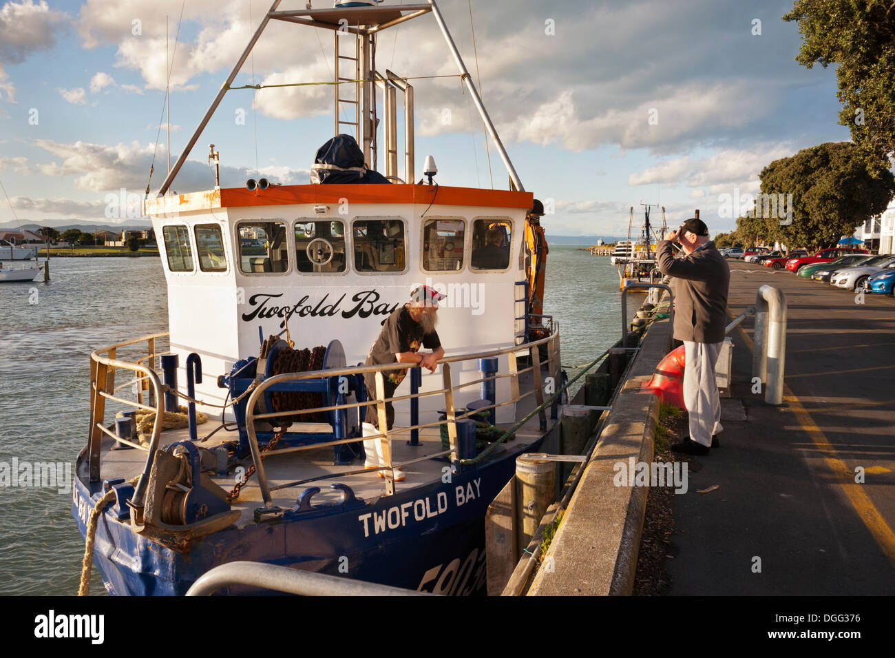 Napier, North Island, New Zealand. Fishing boat just docked at the port. Stock Photo