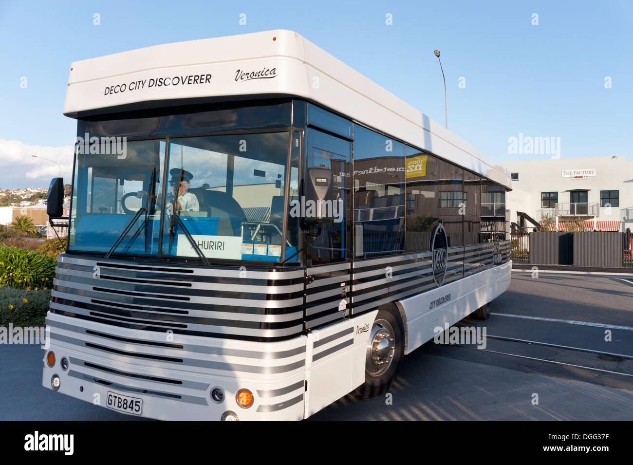 Napier, North Island, New Zealand. Art deco tour bus in the city. Stock Photo