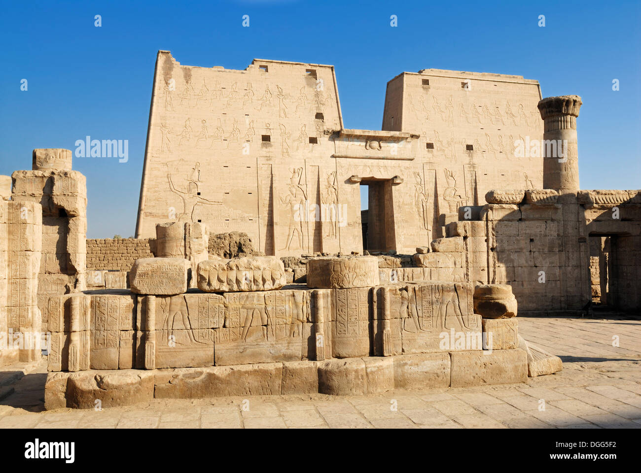 Main gate, entrance pylons, Horus Temple, Edfu, Nile Valley, Egypt, Africa Stock Photo