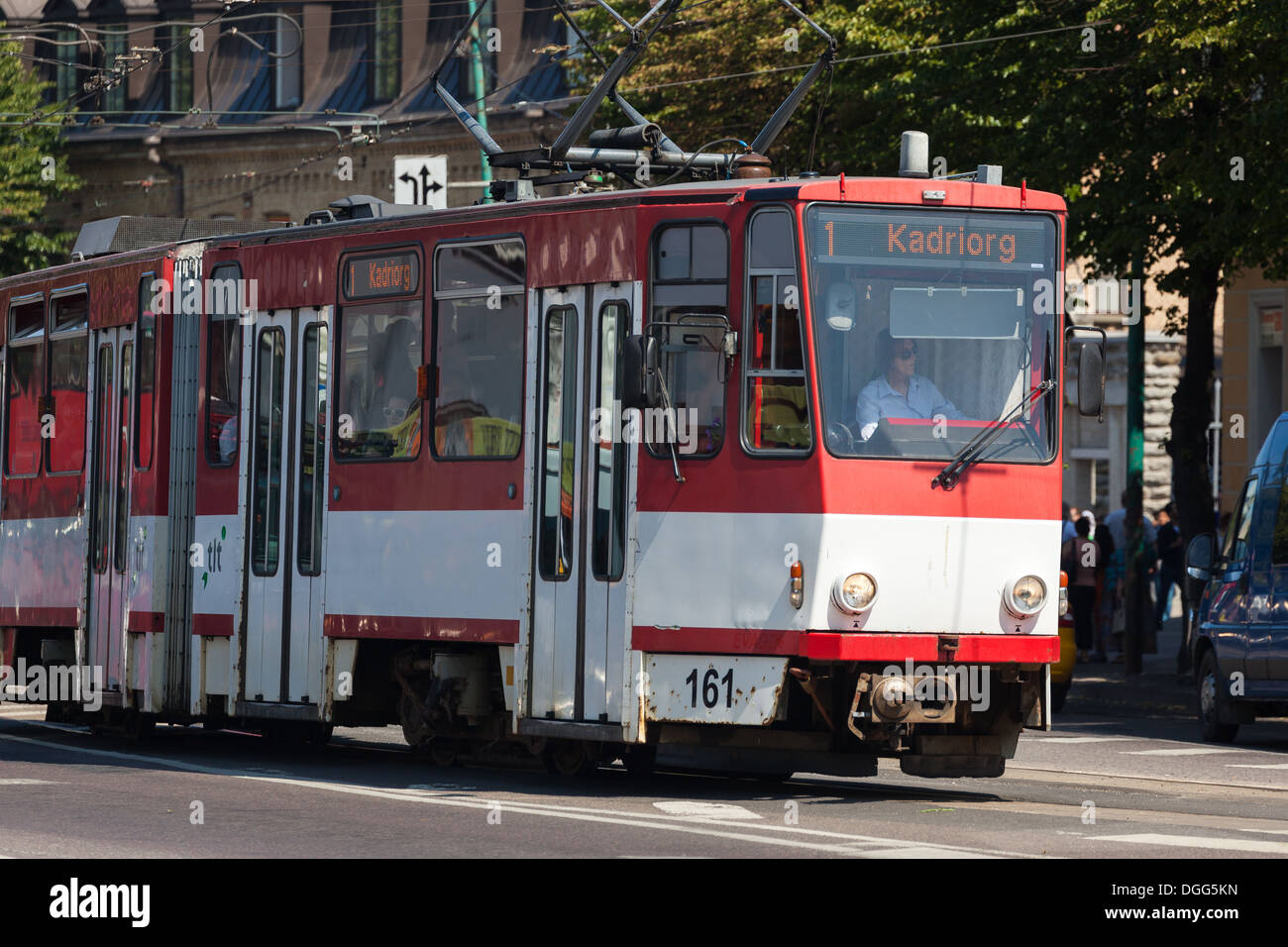 city trams at busy intersection. Tallinn Estonia Stock Photo
