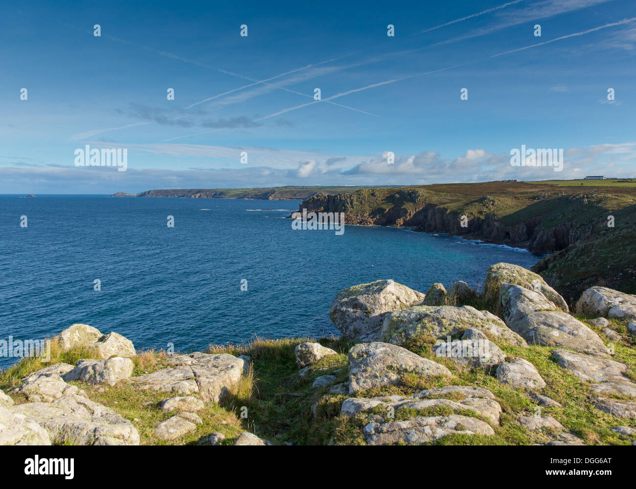View from Lands End Cornwall England towards Sennen Cove Stock Photo