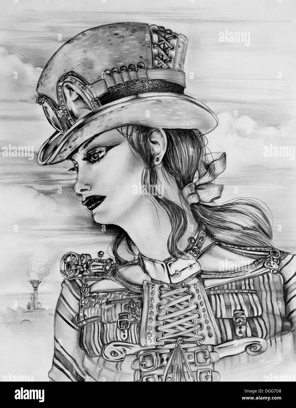 Original pencil sketch drawn by myself of a Steampunk woman in a customized top hat. Stock Photo