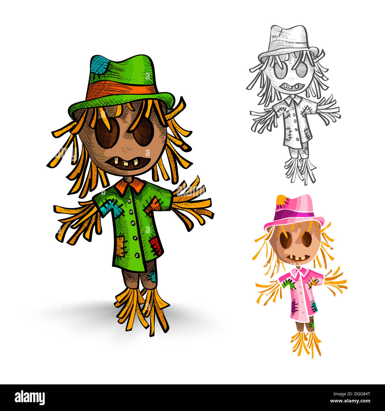 Halloween Monsters isolated spooky hand drawn scarecrow mans set. EPS10 vector file organized in layers for easy editing.  Stock Photo