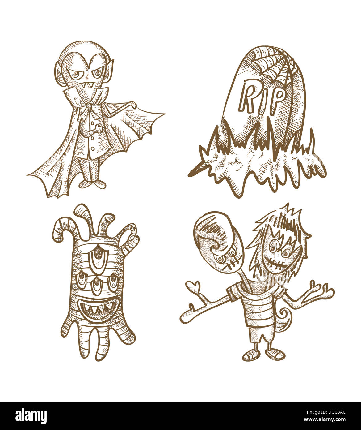 Halloween Monsters isolated spooky hand drawn classic creatures set. EPS10 vector file organized in layers for easy editing. Stock Photo