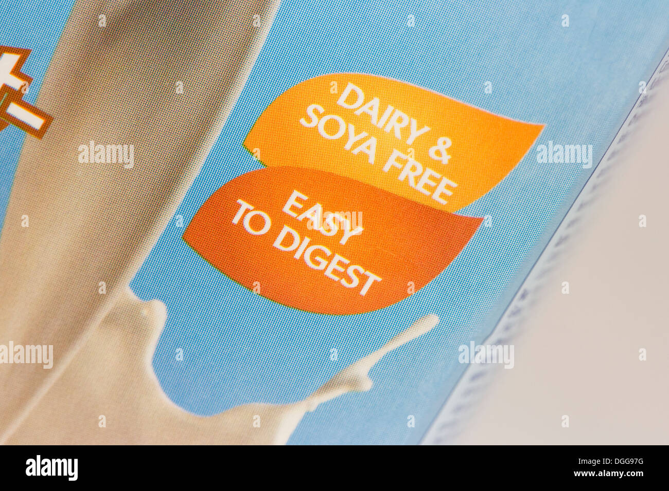 Food label on the side of a rice milk packet. Stock Photo