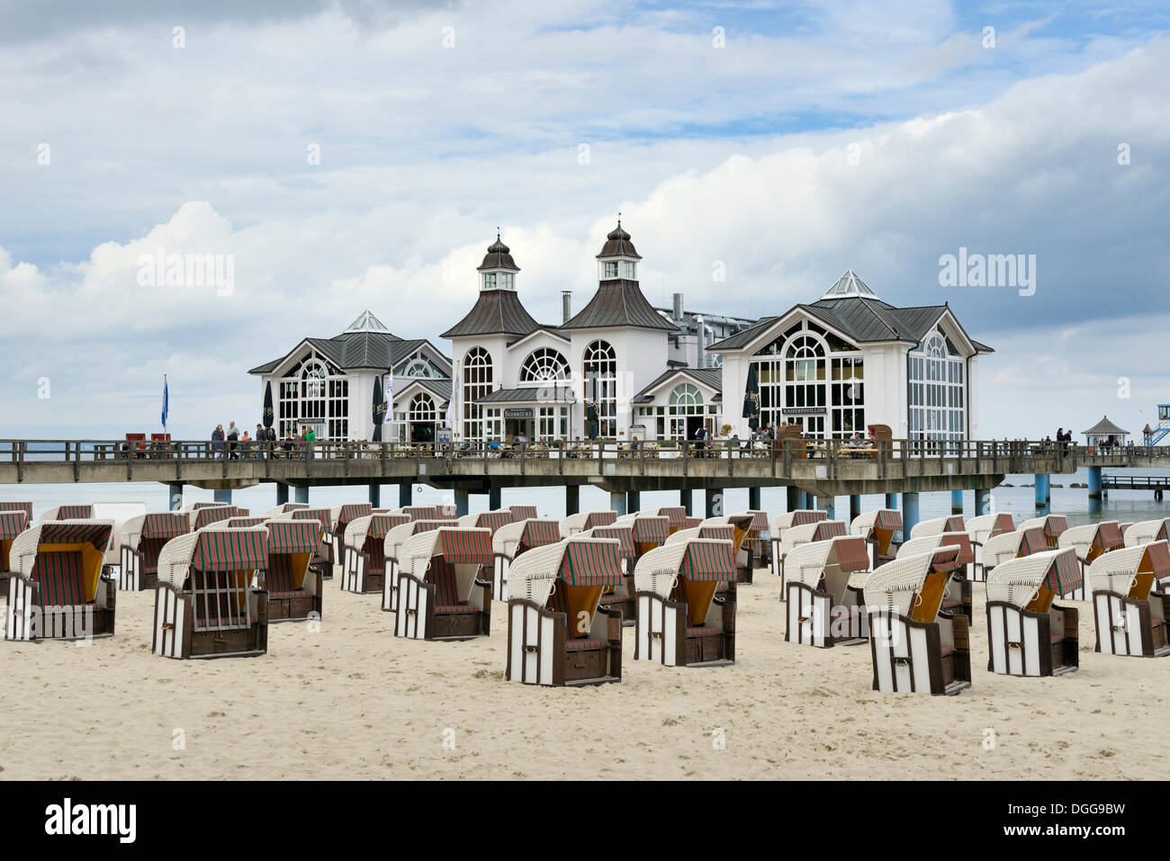 Pier, beach chairs on the beach, Baltic Sea resort of Sellin, Baltic Seaside Resort Sellin, Rügen Stock Photo