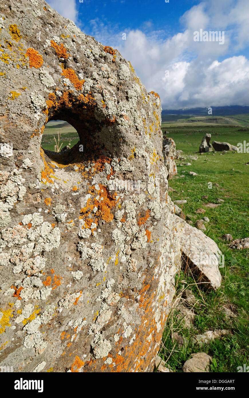 Zorats Karer, 6000 B.C. stoneage observatory, menhir of Karahunj, Cara Hunge, Armenia, Asia Stock Photo