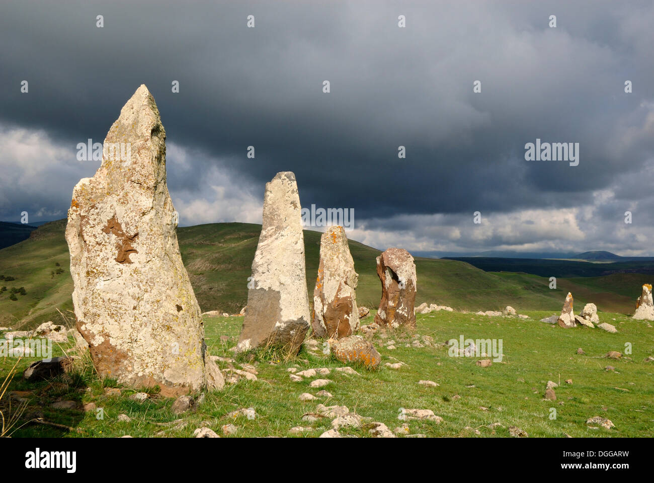 Zorats Karer, 6000 B.C. stoneage observatory, menhir of Karahunj, Cara Hunge, Armenia, Asia Stock Photo