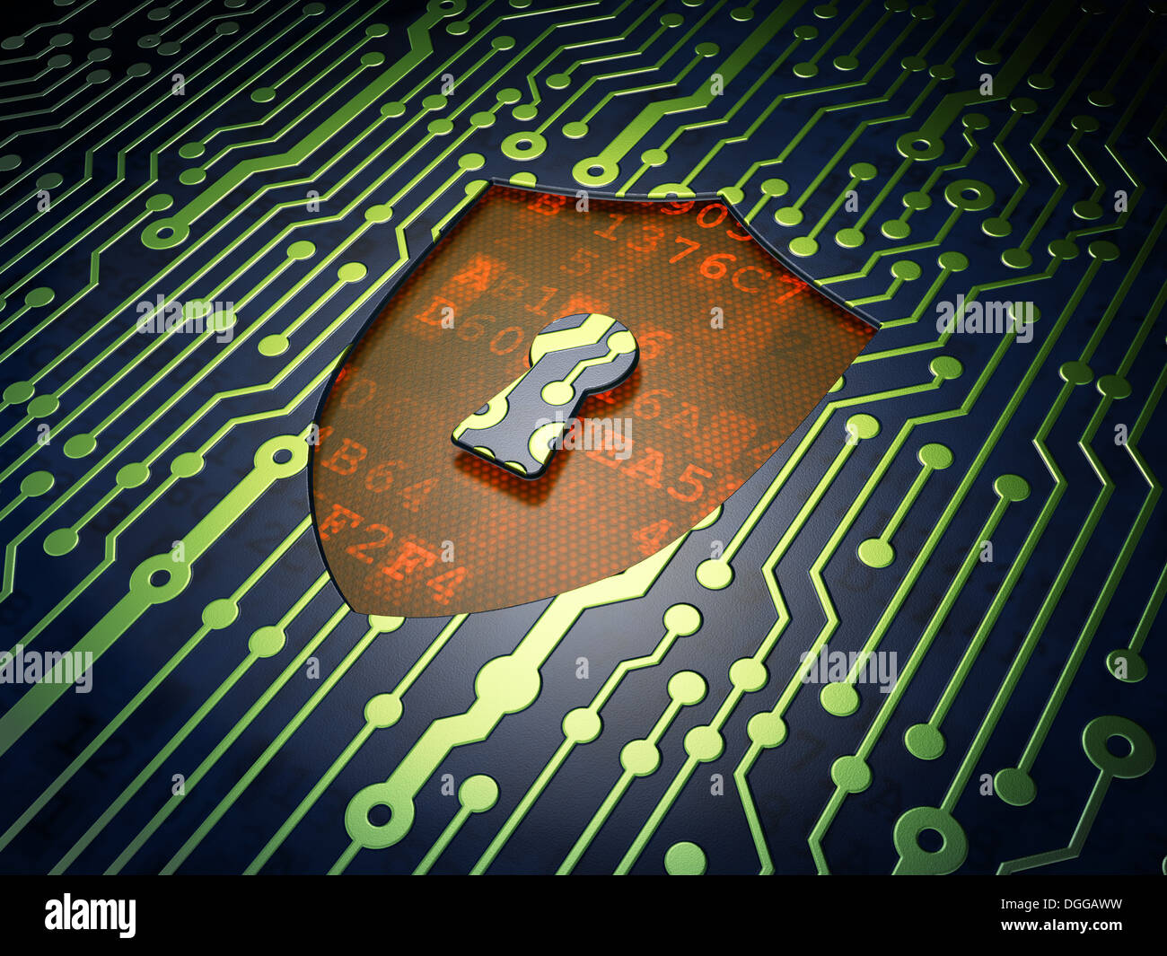 Safety concept: Shield With Keyhole on circuit board background Stock ...