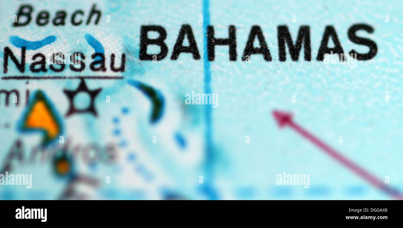 macro view of Bahamas on globe Stock Photo