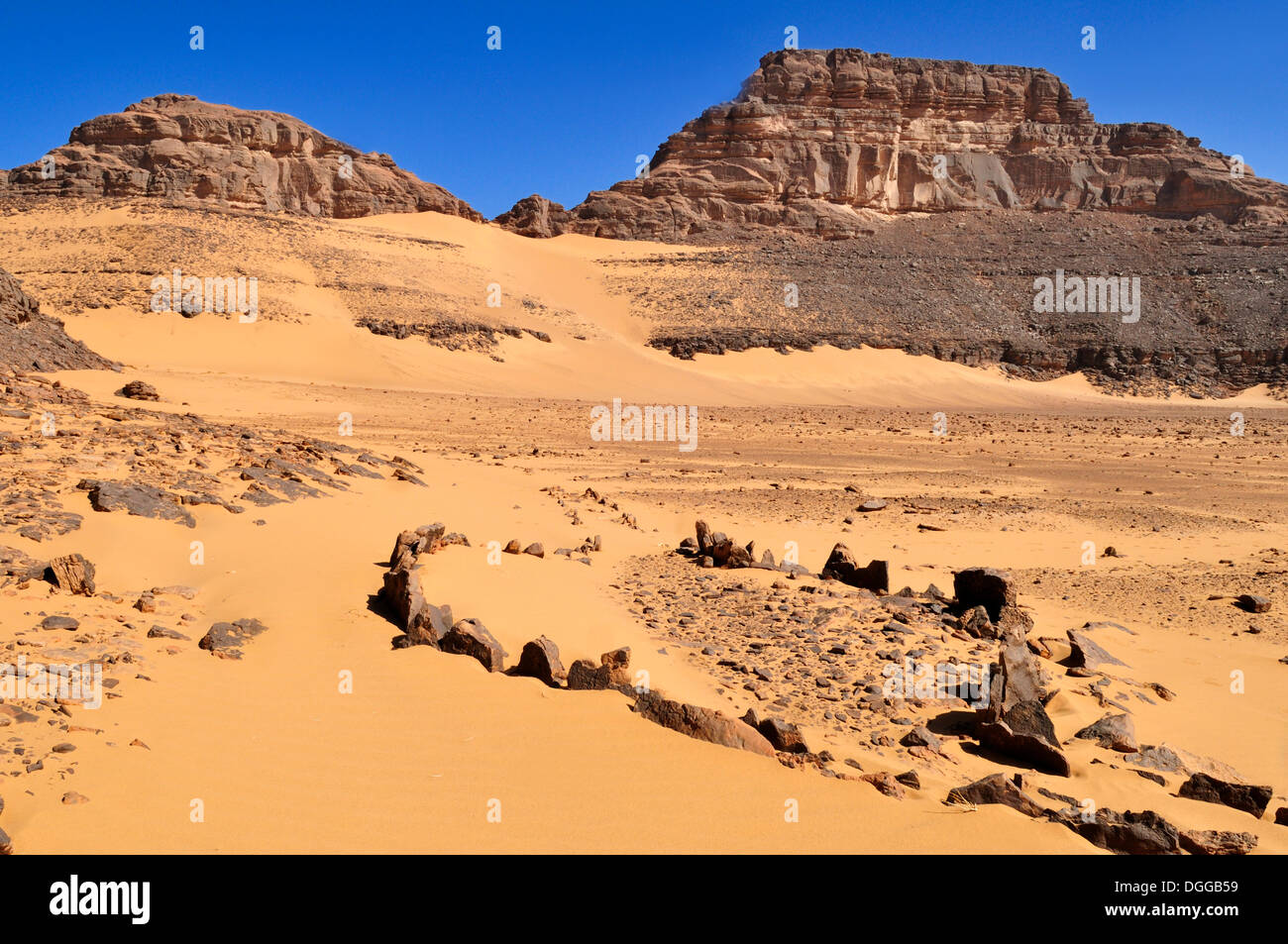 Historic burial site at Wadi In Djeran, Tadrart, Tassili n'Ajjer National Park, Unesco World Heritage Site, Algeria, Sahara Stock Photo