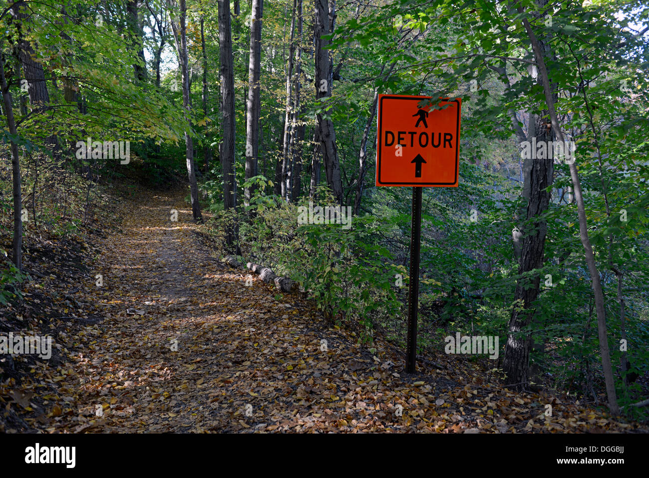 Detour sign on wooded path.  East Rock Park, New Haven, CT. Stock Photo
