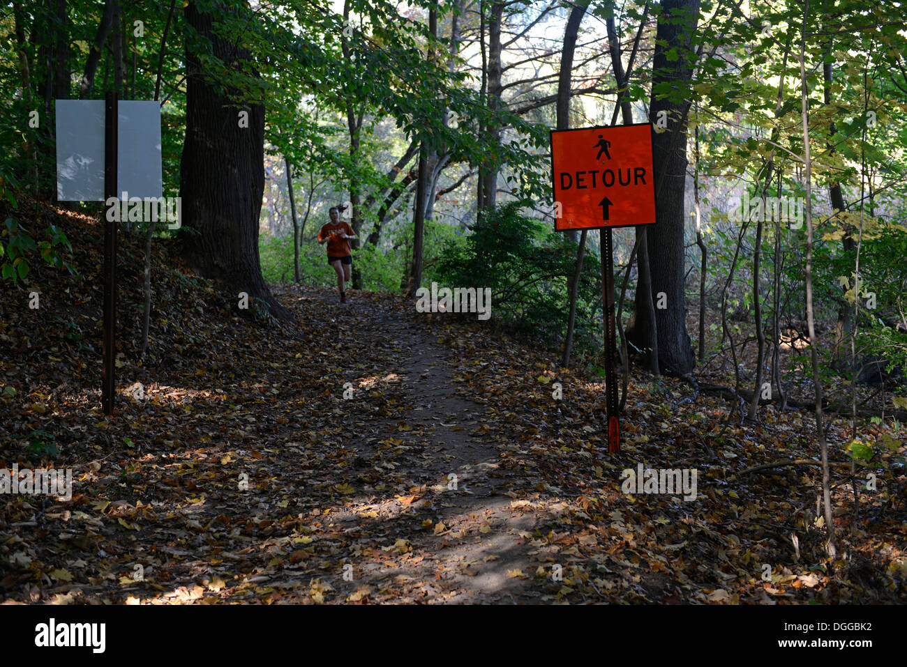 Detour sign on wooded path.  East Rock Park.  New Haven, CT Stock Photo
