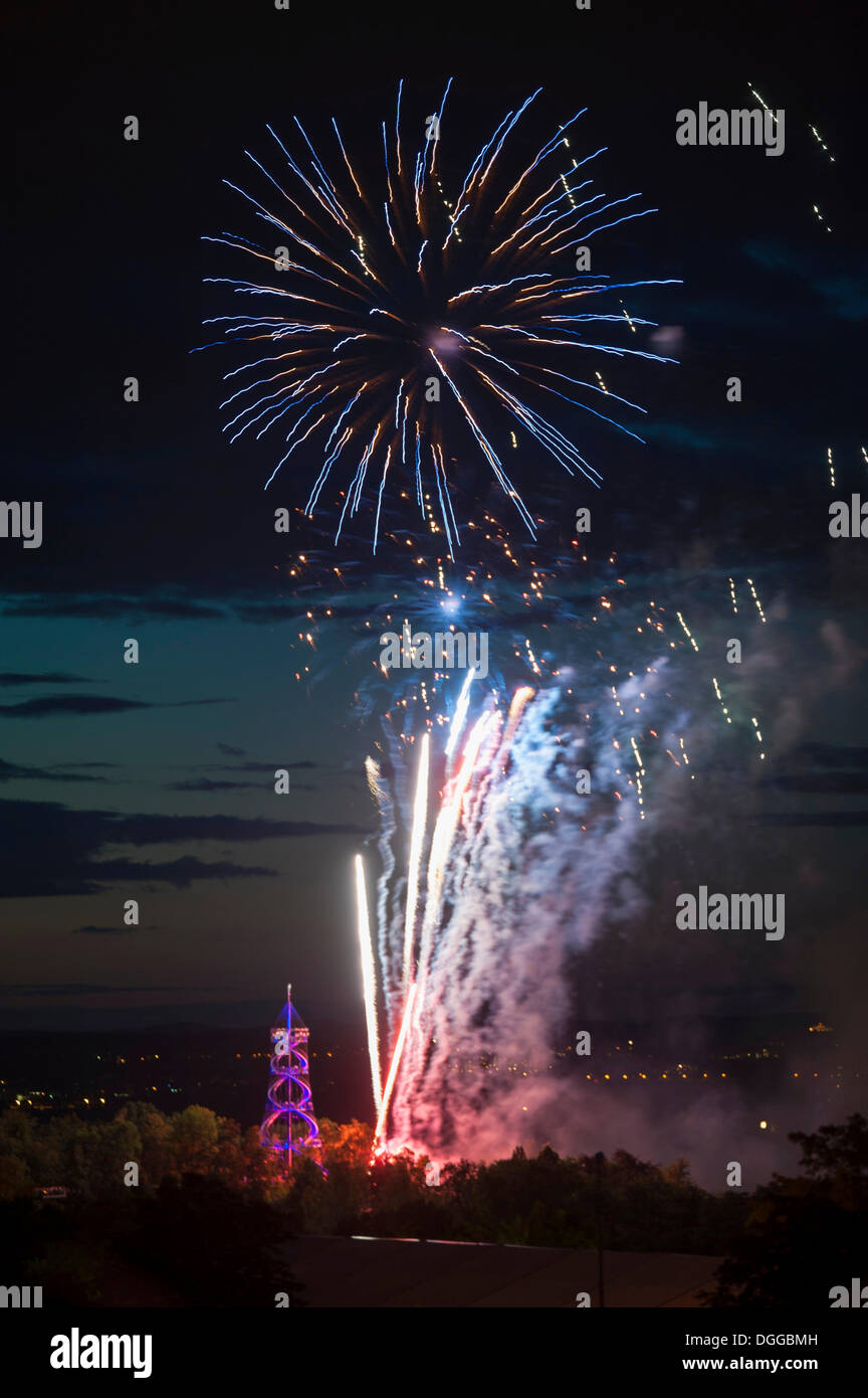 Illuminated Killesbergturm look-out and fireworks at the Festival of Lights, Stuttgart, Baden-Wuerttemberg Stock Photo