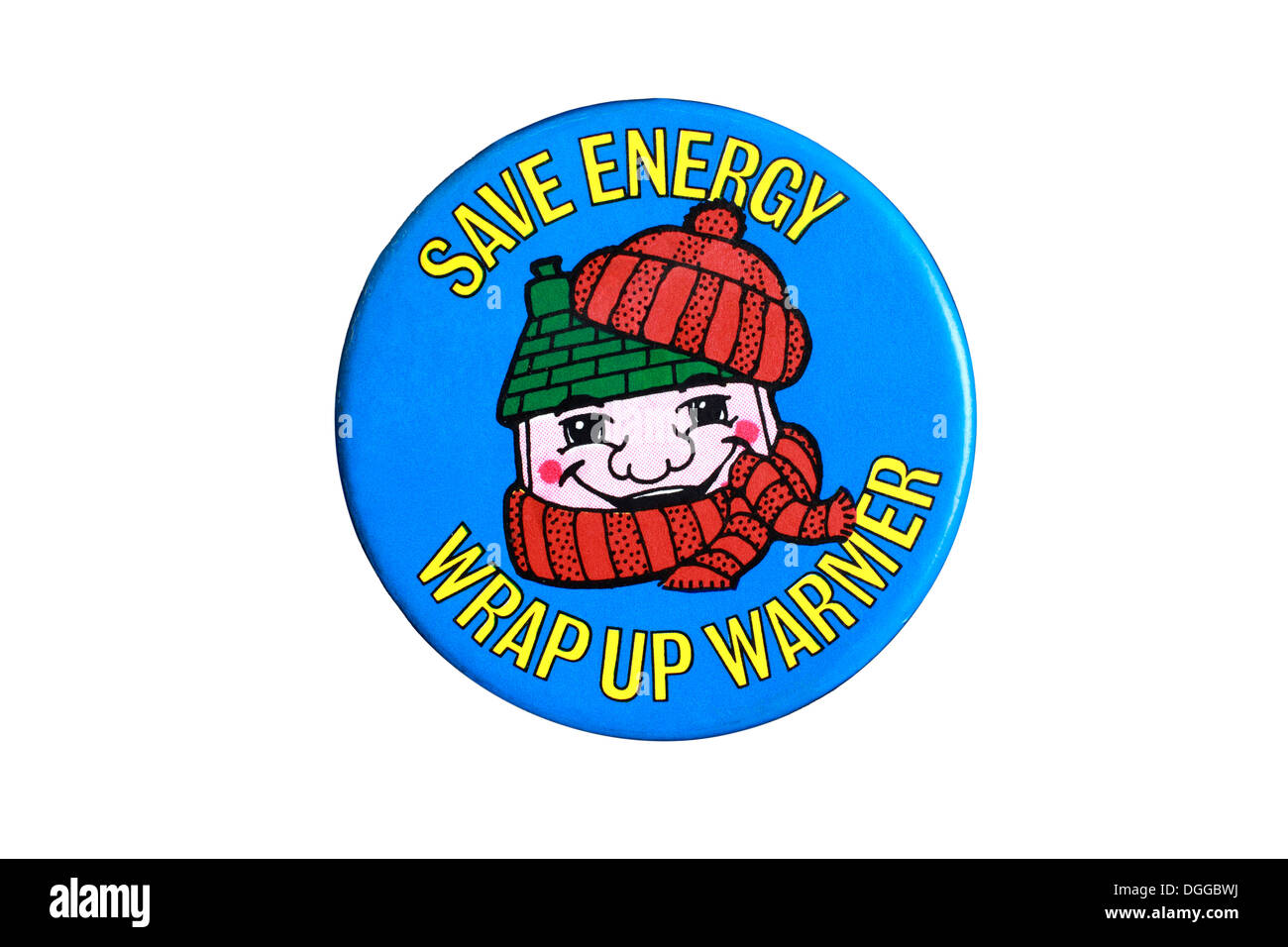 'Save Energy - Wrap up Warmer' - an energy conservation badge from around 1980  produced by a British government department or a related quango. Stock Photo