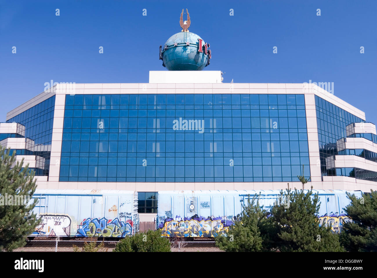 The PI landmark globe with eagle sculpture on the roof of the Seattle
