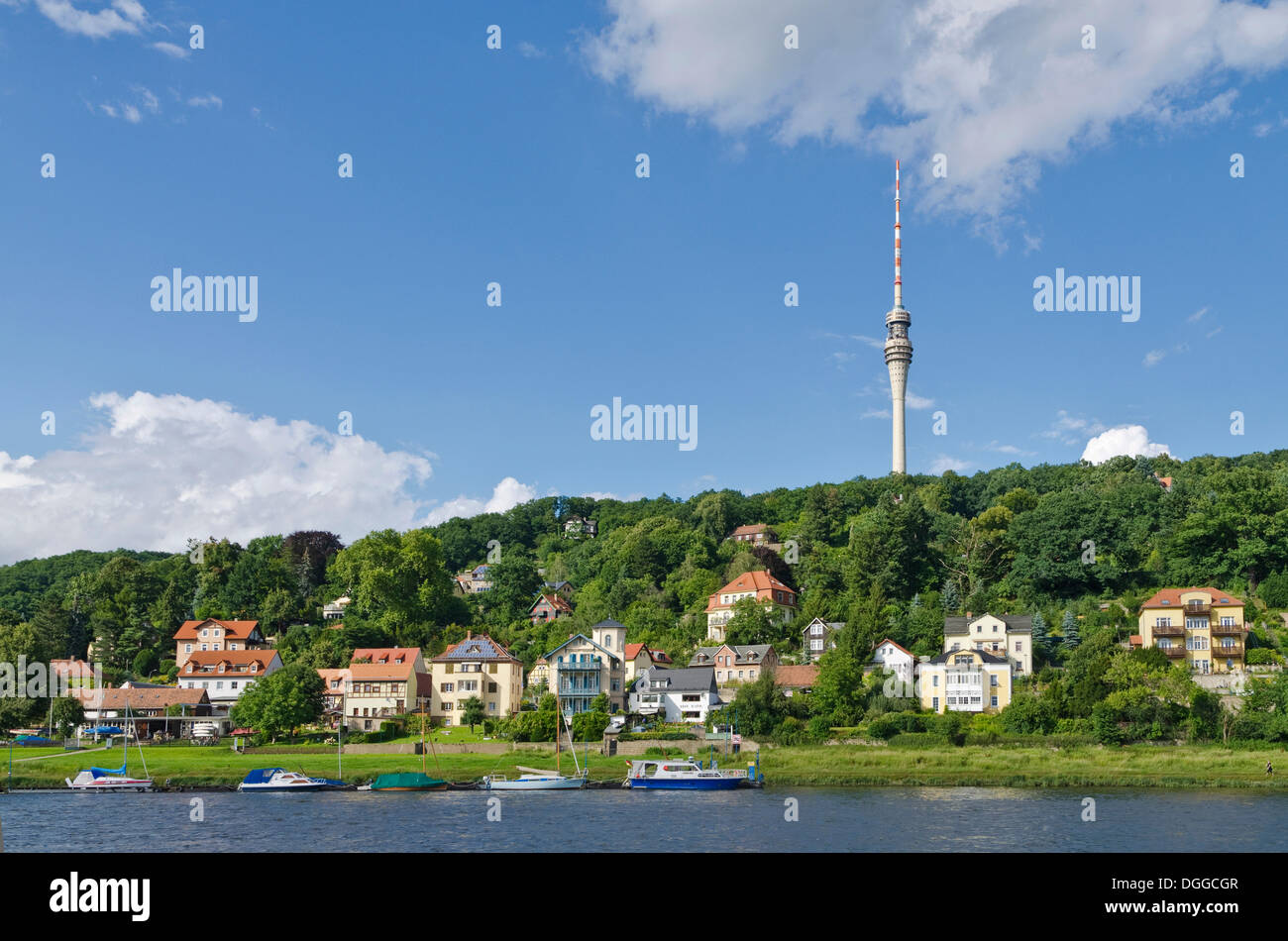 The Dresden TV tower seen across the river Elbe, Dresden, Saxony Stock Photo