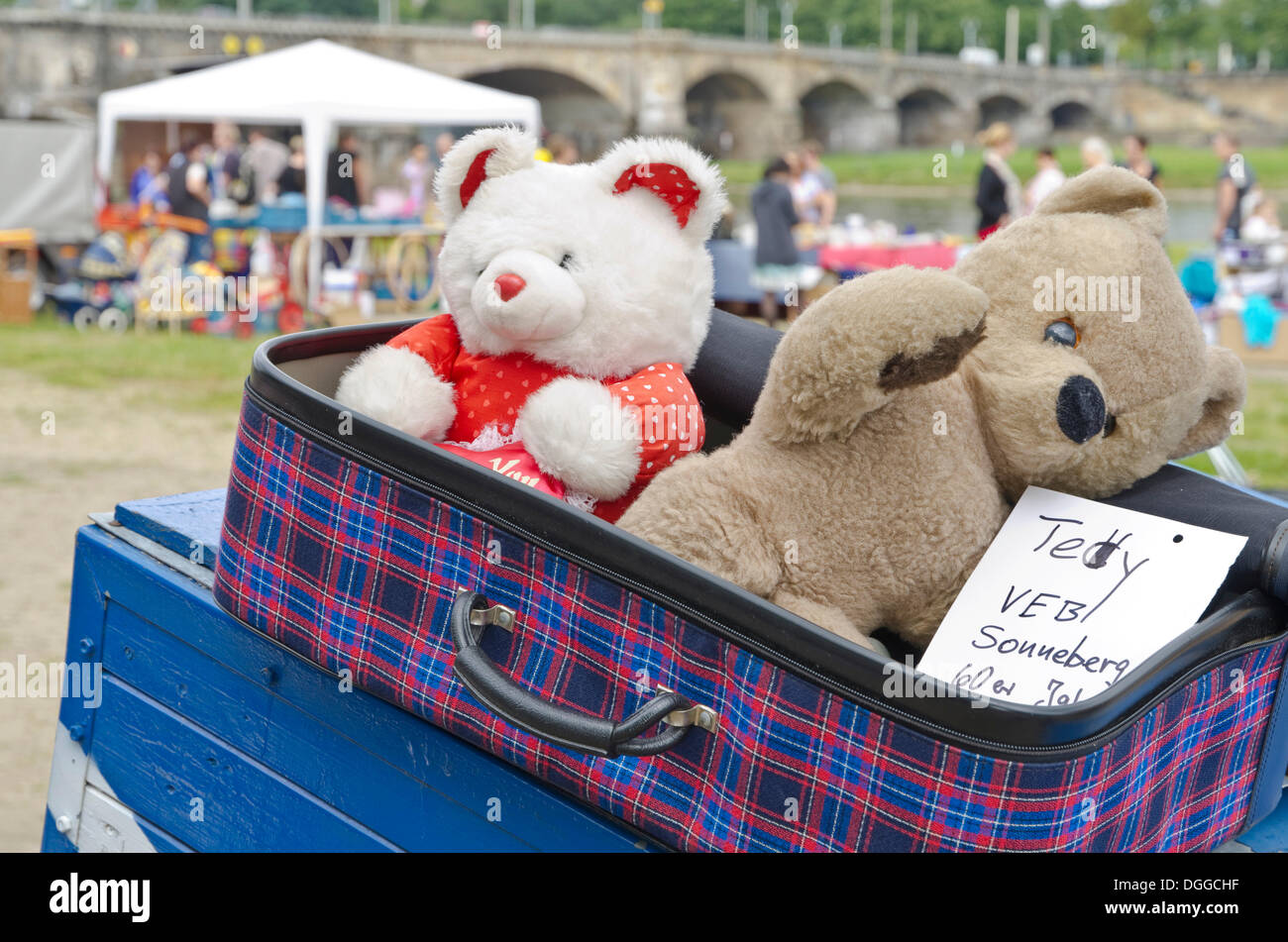 Teddy bears are offered for sale at the weekly flea market, Dresden, Saxony Stock Photo