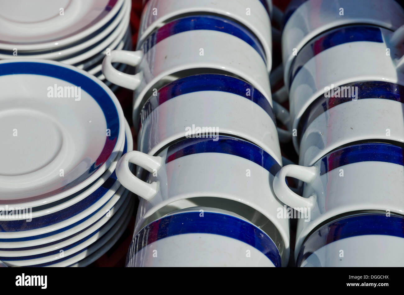 Cups and plates for sale at the weekly flea market, Dresden, Saxony Stock Photo