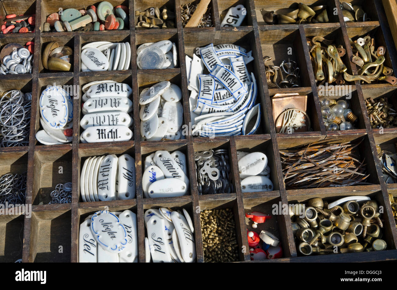 Porcelain labels in a wooden box for sale at the weekly flea market, Dresden, Saxony Stock Photo