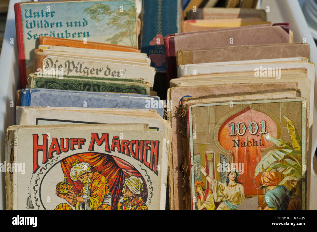 Old books for sale at the weekly flea market, Dresden, Saxony Stock
