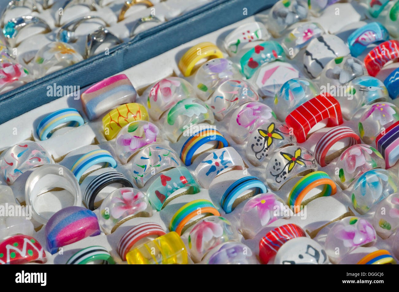 Colorful plastic rings for sale at the weekly flea market, Dresden