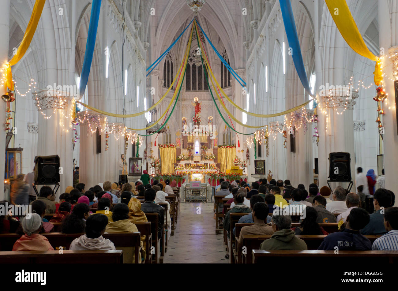 Inside St. Philomenas Cathedral at Christmas Eve in Mysore, India, Asia Stock Photo