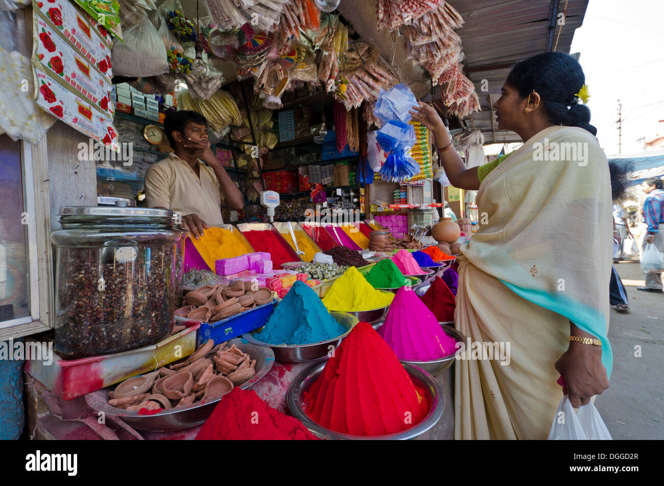 Heaps of colorpowder for sale at the local market in Mysore, India, Asia Stock Photo