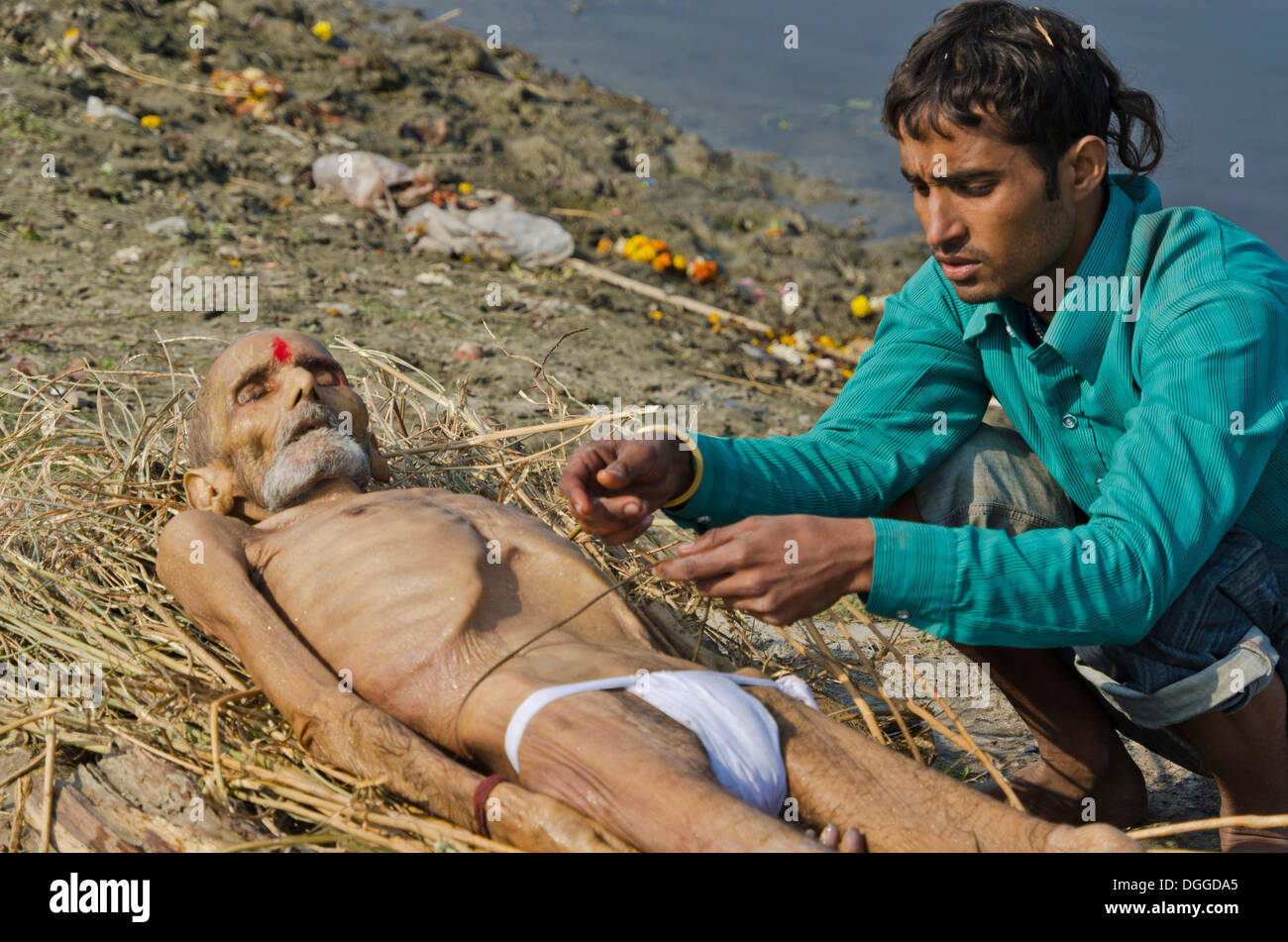 Putting a dead body on firewood on the banks of river Yamuna as part of a cremation ceremony, Vrindavan, India, Asia Stock Photo