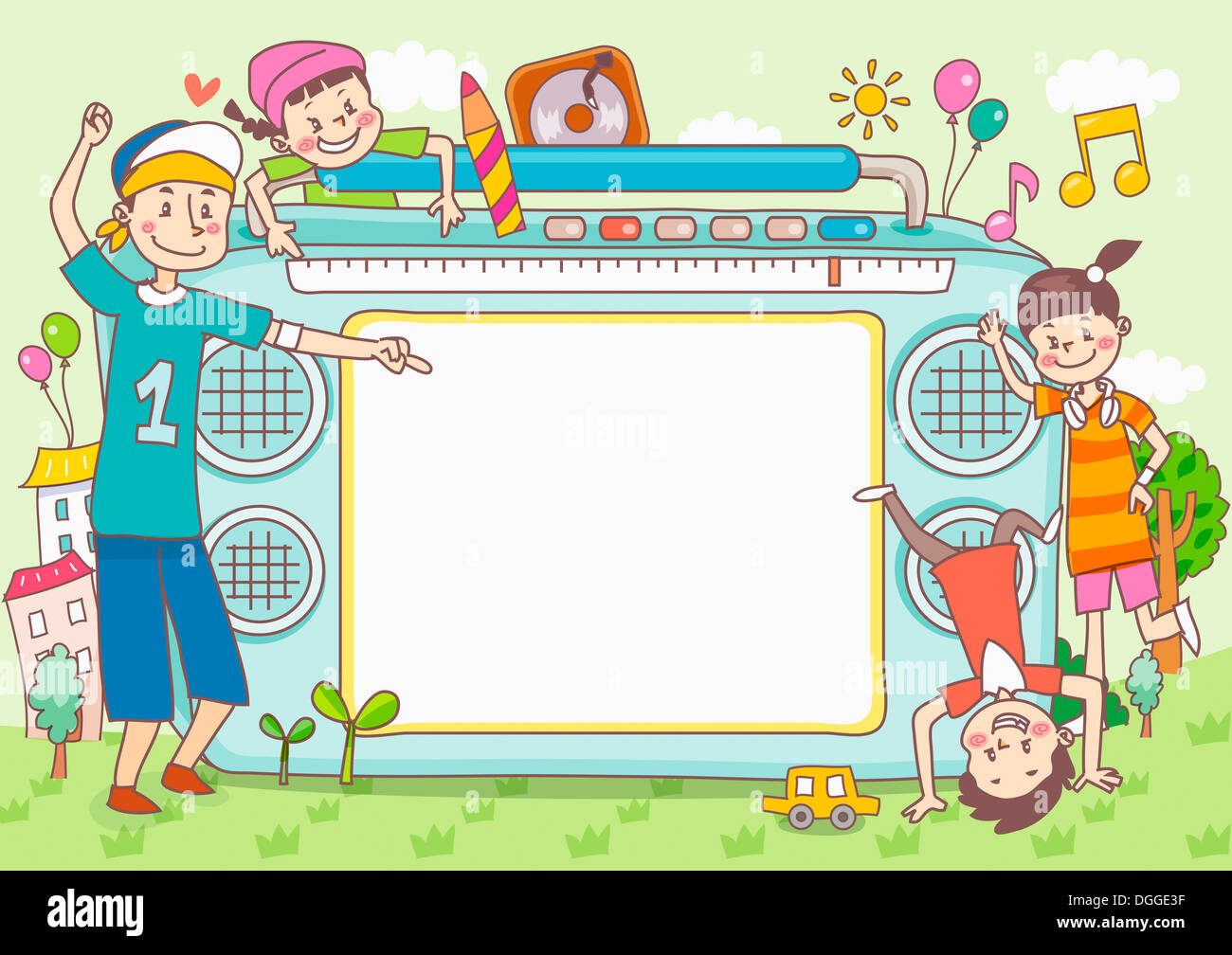 an illustration of kids listening to a radio Stock Photo Alamy