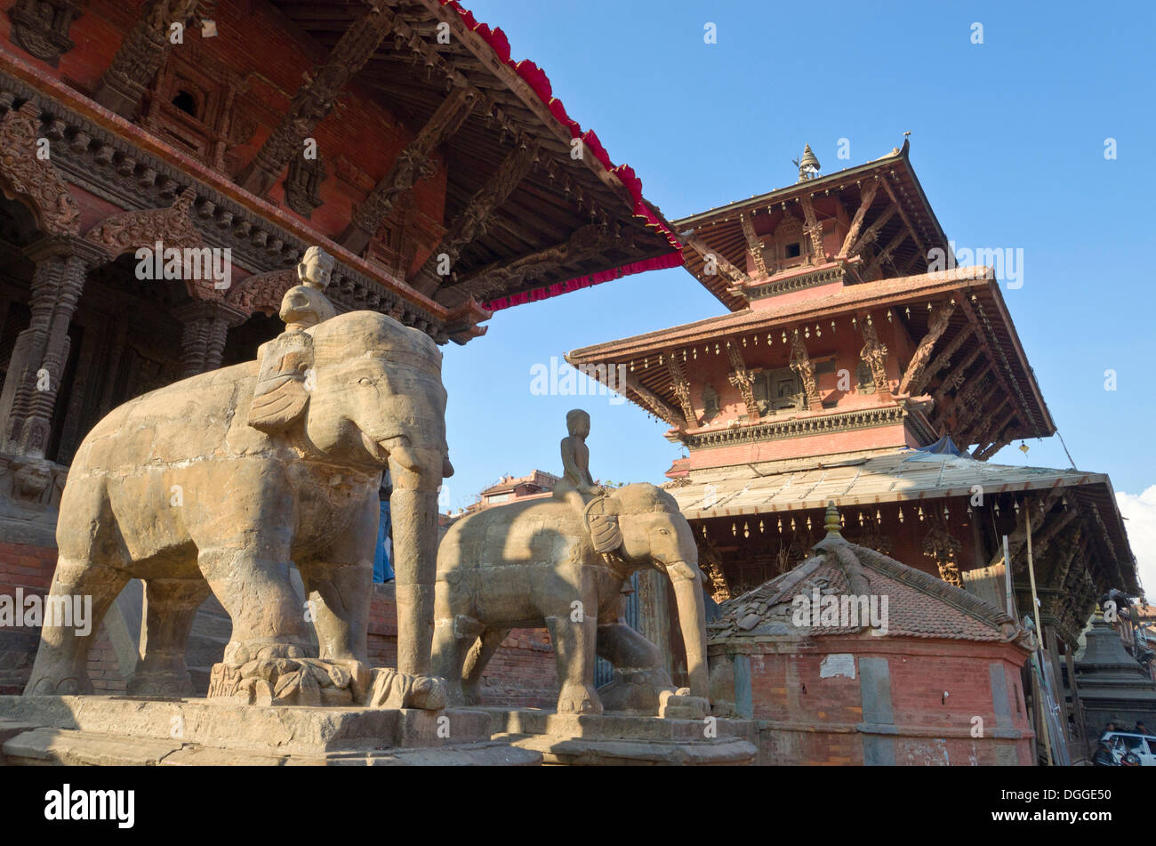 Stone guardian elephants on Patan Durbar Square, Patan, Lalitpur District, Bagmati Zone, Nepal Stock Photo